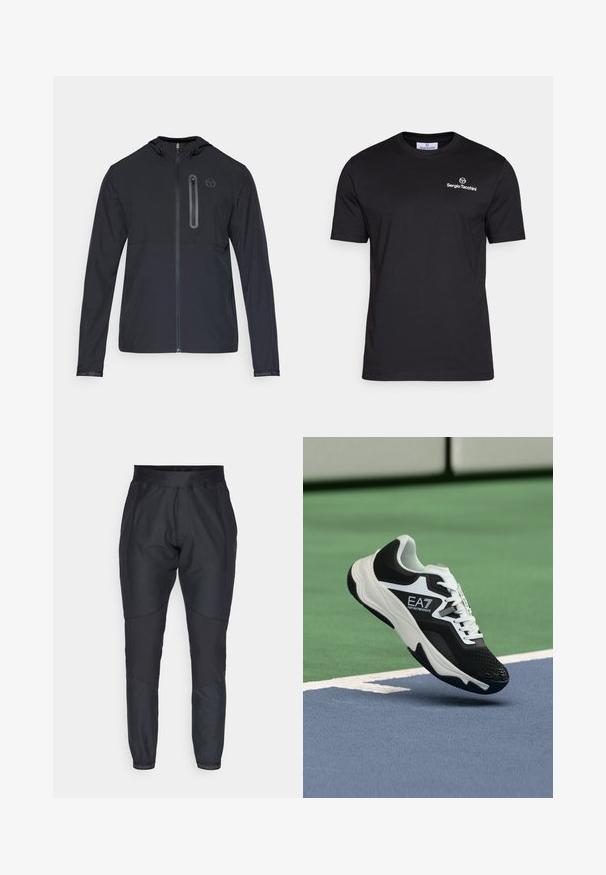 Čierna ľahká bunda s kapucňou, so zipsom po celej dĺžke na prednej strane a vertikálnou zipsovou vreckom na ľavej hrudi, s malým kruhovým logom.; Sergio Tacchini BOLD - Základné tričko - black/white; Čierne športové nohavice so zúženými nohavicami, elastickým pásom a kontrastnými textúrovanými panelmi. Obsahujú logo na zakončeniach nohavíc.; Čierno-biela teniska EA7 Emporio Armani zavesená nad modrými a zelenými čiarami tenisového kurtu.