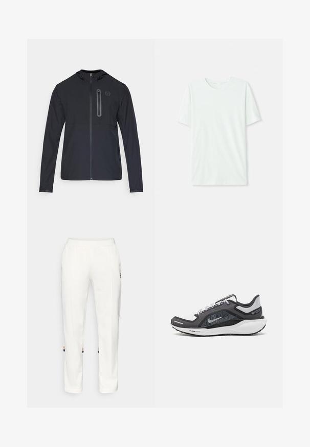 Fekete, könnyű kapucnis dzseki, teljes elülső cipzárral és függőleges cipzáras zsebbel a bal mellrészen, amelyen egy kicsi kör alakú logó található.; Világos menta zöld, rövidujjú póló, puha anyagból készült. Kerek nyakkivágással és egyszerű, egyenes szabással rendelkezik, díszítések nélkül.; Fehér, puha anyagból készült joggingnadrág, oldalsó zsebekkel és narancssárga, valamint kék díszítéssel a bokán.; Fekete és szürke sportcipő, hálós felsőrésszel, fényvisszaverő részletekkel és fehér középtalppal. A talpa texturált gumiból készült, és fűzőkkel rendelkezik.