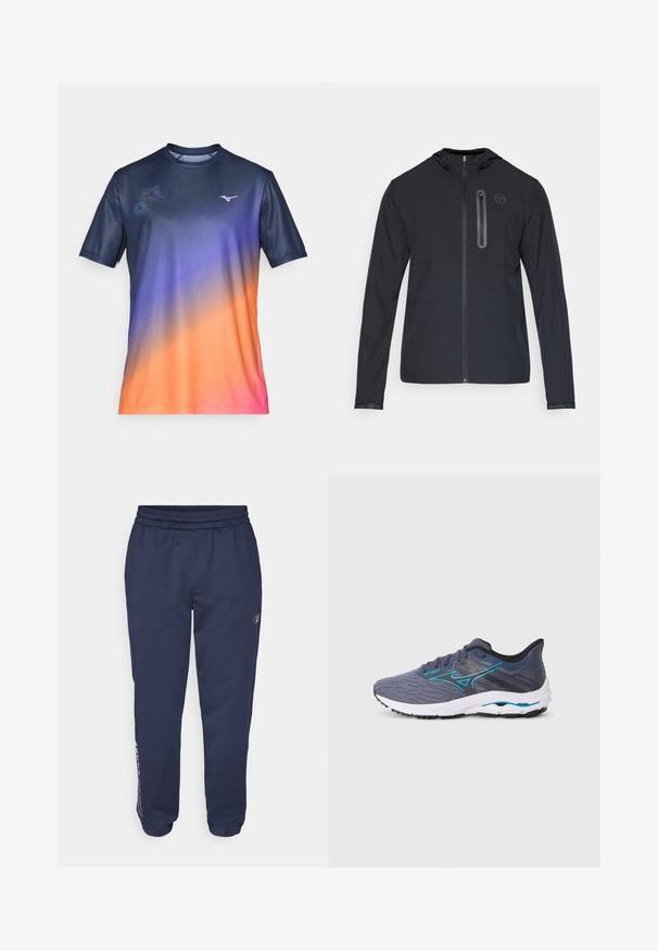 Schwarze, leichte Kapuzenjacke mit durchgehendem Reißverschluss und vertikalem Reißverschlussfach auf der linken Brust, das ein kleines rundes Logo zeigt.; Kurzärmliges Sportshirt in einem Farbverlauf von Marineblau, Lila, Orange und Pink. Verfügt über ein dezentes florales Muster und ein Logo auf der Brust. Glattes Gewebe.; Marineblaue Sweatpants aus weichem Stoff, mit einem Kordelzug in der Taille, Seitentaschen und einem Logo, das entlang des linken Beins aufgedruckt ist.; Grauer Laufschuh mit strukturiertem Obermaterial, blauen Akzenten, Schnürverschluss, weißer Zwischensohle und schwarzem Laufsohlen, konzipiert für Komfort und Leistung.