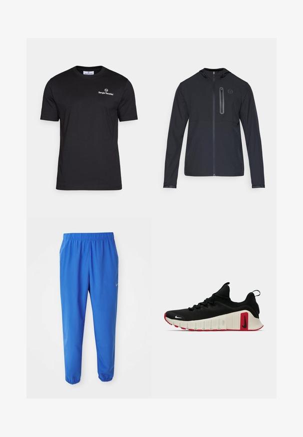 Černá lehká bunda s kapucí, celoplošným zipem a vertikální kapsou na zip na levé hrudi, se zde nachází malé kulaté logo.; Sergio Tacchini BOLD - Jednoduché tričko - black/white; Modré sportovní kalhoty s elastickým páskem, rovně střiženými nohavicemi a zúženými manžetami. Na levé straně se nachází zlaté logo Nike.; Černé a červené sportovní tenisky s bílou podrážkou, nízký model, šněrování vpředu a poutko na patě, zobrazené v bočním profilu na bílém pozadí.