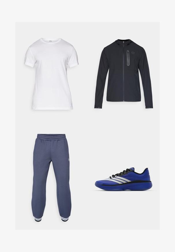 Svart lättviktsjacka med huva, fullständig dragkedja fram och vertikalt dragkedjefack på vänster bröst, med en liten rund logga.; Vit bomull T-shirt med korta ärmar, rundad halsringning och rak passform. Har en liten logotyp på vänstra fållen. Mjuk textur.; Mörkblå sweatpants i mjukt tyg, med elastisk midja och ribbade muddar med vita ränder vid anklarna; subtil texturerad mönstring.; adidas Performance ADIZERO SELECT 3.0 - Basketsko - lucid blue/core black/metallic