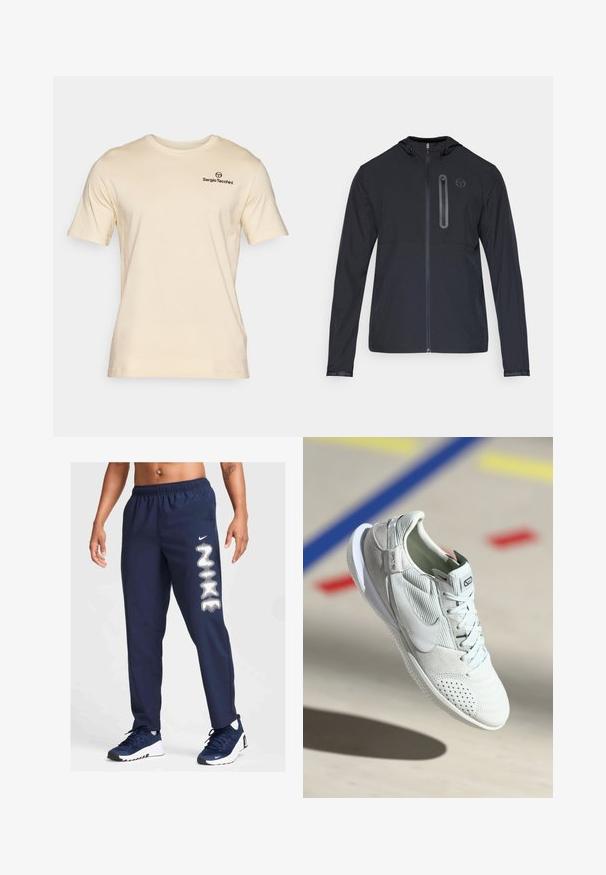 Crna lagana jakna s kapuljačom, punim prednjim zatvaračem i okomitim zatvaračem na lijevoj strani prsnog dijela, koja ima mali kružni logo.; Sergio Tacchini BOLD - Osnovna majica kratkih rukava - wood ash/black; Mornarske sportske hlače s elastičnom strukom, bočnim džepovima i bijelim Nike logotipom na lijevoj nozi. Pogodne za sport i svakodnevno nošenje.; Nike tenisice u svijetlosivoj boji s teksturama od antilopa i mrežice, s perforiranim detaljima, bijelom potplatom i srebrnim akcentom na peti.