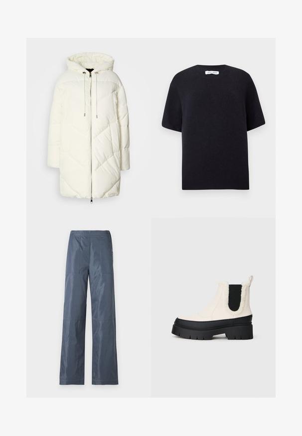 Bijela puffer jakna s kapuljačom, s prepoznatljivim romboidnim uzorkom, zatvaranjem na prednjem dijelu pomoću patent zatvarača i užadi. Glatka tekstura i opušteni kroj.; Crni pleteni pulover s kratkim rukavima, okruglim izrezom i rebrastim rubom. Glatka tekstura s opuštenim krojem. Minimalistički dizajn.; Široke hlače tamnosive boje, izrađene od glatkog materijala. Imaju dva prednja džepa i šivene detalje duž šavova.; Čvrske platforme gležnjače s bijelom gornjom partijom, crnim gumenim potplatom i kontrastnim crnim elastičnim bočnim panelima. Umjetni krzneni rub na gornjoj ivici.