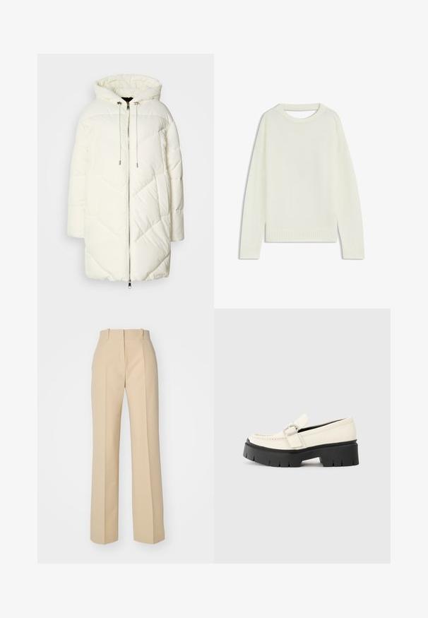 White puffer jacket with a hood, featuring a quilted diamond pattern, front zipper closure, and drawstrings. Smooth texture and relaxed fit.; Light cream sweater featuring a round neck, long sleeves, ribbed hem, and a soft texture. No patterns or visible hardware details.; HUGO HULANA - Trousers - open beige; White leather loafer with a chunky black platform sole, featuring a rectangular silver buckle and visible stitching detail on the upper.