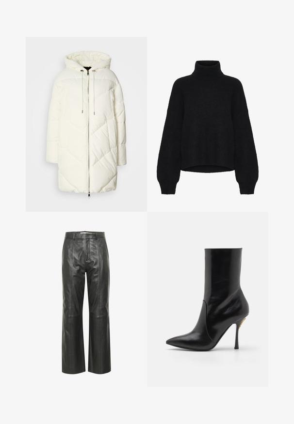 Balts pūkains jaka ar kapuci, ar izšūtu dimanta rakstu, priekšējo rāvējslēdzēju un auklām. Gluda tekstūra un brīva piegrieztne.; Melnā džemperis ar augstu apkakli un saīsinātu dizainu, izgatavots no pūkainas auduma. Iezīmē plašas piedurknes un ribota tekstūra apkaklēs.; Melna ādas platajām biksēm ar gludu tekstūru, kas aprīkotas ar jostu, priekšējiem krokām un smalkiem šuvuma elementiem.; Melna ādas potīšu zābaku ar norādītu purngalu, gludu tekstūru un augstu stileto papēdi. Iezīmēts ar spraugu priekšā un zelta detaļām.