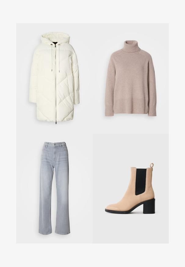 Valkoinen puffatakki, jonka hupussa on tikattu timanttipatrooni, etuvetoketjukiinnitys ja kiristysnauhat. Sileä pinta ja rento istuvuus.; Vaaleanbeige neulevillaneule, jossa on korkea kaulus, pitkät hihat sekä ribbaus hihansuissa ja helmassa, valkoista taustaa vasten.; Vaaleanharmaat, leveälahkeiset farkut, joissa on korkea vyötärö ja jotka on valmistettu denimestä. Ominaisuuksiin kuuluvat etupockets, vetoketjusulku ja hienovarainen haalistuminen ympäriinsä.; Beige mokkasini nilkkuri, jossa on loiva korko, musta elastinen kaarroke ja vetoketju takana. Sileä pinta ja pyöreä varvasm.All