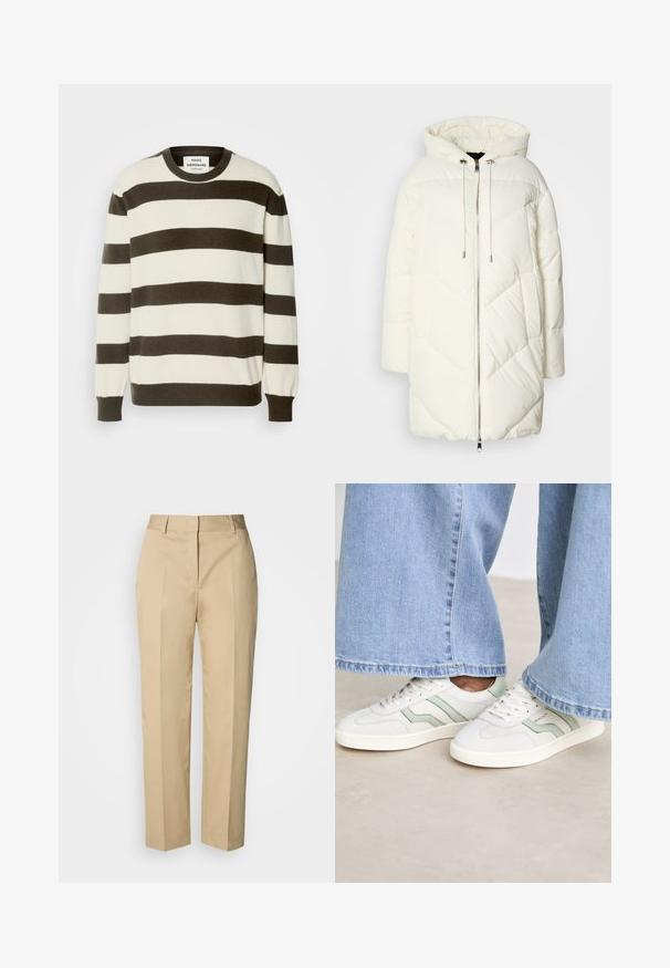 Balts pūkains jaka ar kapuci, ar izšūtu dimanta rakstu, priekšējo rāvējslēdzēju un auklām. Gluda tekstūra un brīva piegrieztne.; Sukņa, adīta krēmkrāsā ar tumši brūnām horizontālām svītrām. Iezīmēta ar apaļu apkakli un ribotām piedurknēm. Mīksta tekstūra, regulāls griezums.; Bēšas taisnas bikses ar jostas cilpām, priekšējo krokumu un slēpta aizdari, attēlotas uz gaiša fona.; Baltas sporta apavi ar gaiši zaļiem akcentiem, teksturēta āda un plakanām gumijas zolems. Savienoti ar platām džinsa biksēm.