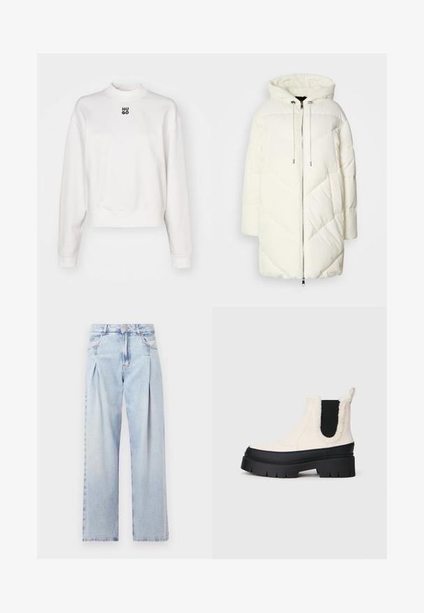 Balts pūkains jaka ar kapuci, ar izšūtu dimanta rakstu, priekšējo rāvējslēdzēju un auklām. Gluda tekstūra un brīva piegrieztne.; HUGO DAXANDRIA - Ikdienas džemperis - natural; Gaiši zilas džinsu bikses ar augstu jostasvietu, plats kāju griezumu, divām sānu kabatām un krokotā dizaina akcentiem. Mīksta tekstūra ar izdilušu apdari.; Masīvu platformas potīšu zābaku dizains ar baltu augšdaļu, melnu gumijas zoli un kontrastējošām melnām elastīgām sānu paneļiem. Augšējā mala rotāta ar mākslīgo kažoku.