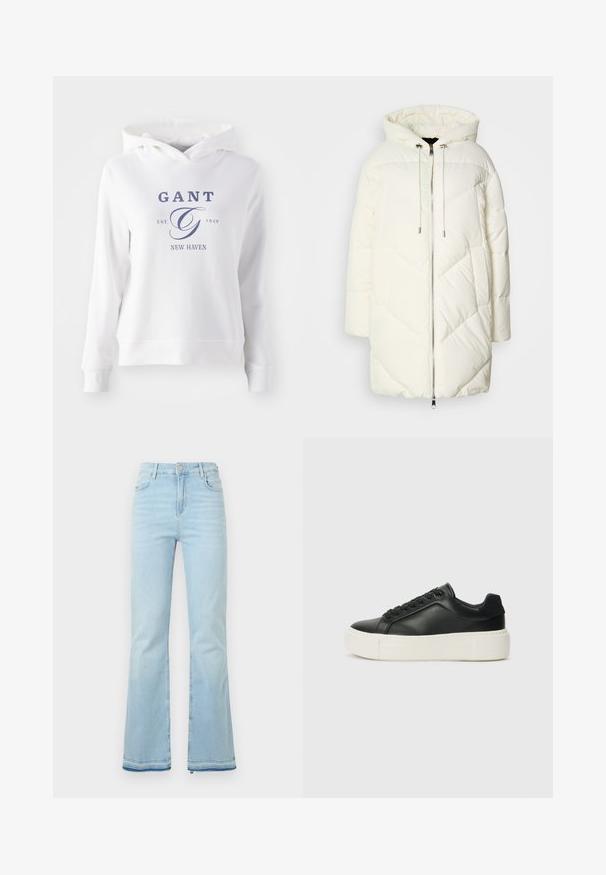Hvit puffjakke med hette, med et quiltet diamantmønster, frontlukking med glidelås og snorer. Jevn tekstur og avslappet passform.; Hvit hettegenser med en frontlomme, med marineblå tekst som leser "GANT EST. 1949 NEW HAVEN" og et stort, stilisert "G"-logo.; Lyseblå flagrende jeans laget av denim, med høy midje, frontlommer og rå kant ved mansjettene for et uformelt utseende.; Sorte lær sneakers med rund tå, hvit plattformsåle og svarte snøring. Har en subtil logo på hælen og jevn tekstur.