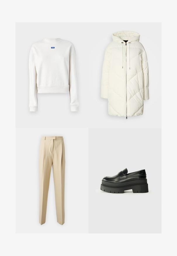 Doudoune blanche avec capuche, présentant un motif losange matelassé, fermeture éclair à l'avant et cordons de serrage. Texture lisse et coupe décontractée.; Sweat-shirt blanc court en tissu doux avec un col et des poignets côtelés, arborant un logo "HUGO" bleu sur la poitrine.; Pantalons beiges ajustés avec une coupe droite, dotés de plis, d'une ceinture et d'une texture lisse. Pas de poches visibles ni d'ornements.; Mocassins en cuir noir avec une semelle plateforme épaisse. Bout arrondi, détail de couture sur le devant et accents de surpiqûres subtils. Semelle plate et texturée.