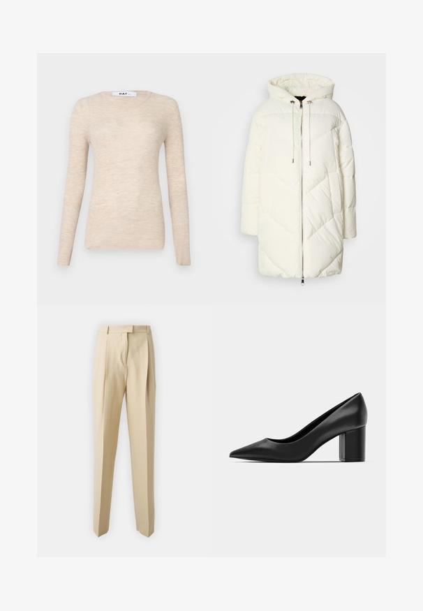 Hvid dunjakke med hætte, prydet med et quiltet diamantmønster, frontlynlås og snoretræk. Glat tekstur og afslappet pasform.; Beige langærmet top lavet af ribbet stof, med en klassisk rund halsudskæring og en blød tekstur, samt et minimalistisk design.; Beige skrædderbukser med lige snit, der har læg, en taljeværdig og en glat tekstur. Ingen synlige lommer eller udsmykninger.; Sorte læderpumper med spidse tæer og en chunky firkantet hæl. Glat tekstur, enkelt design, velegnet til formelle anledninger.