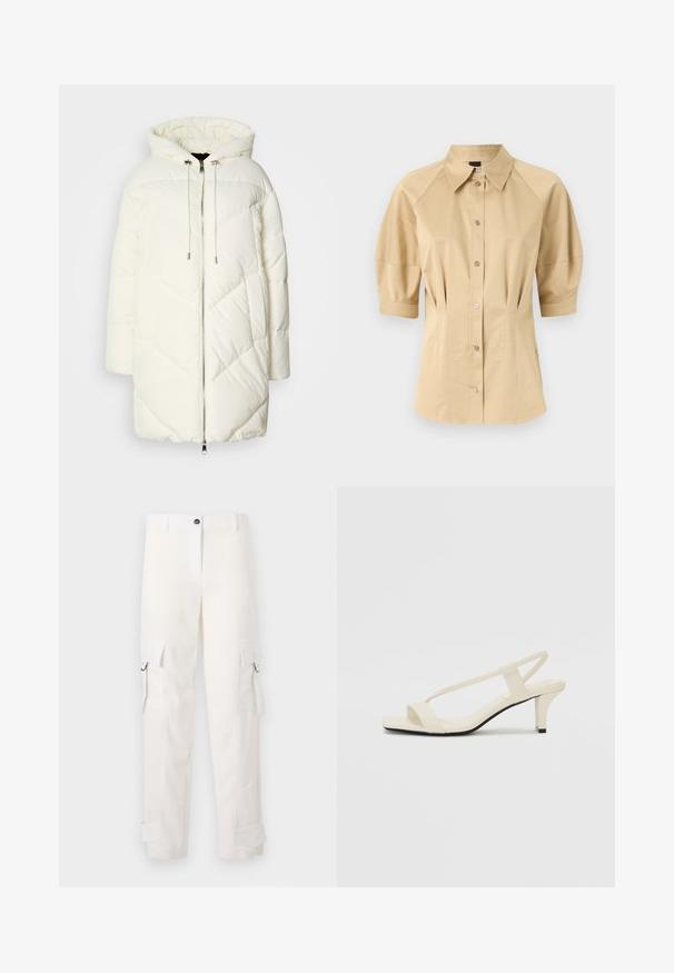 White puffer jacket with a hood, featuring a quilted diamond pattern, front zipper closure, and drawstrings. Smooth texture and relaxed fit.; Beige button-up shirt with short puff sleeves, a spread collar, and seam detailing. Made of smooth fabric with front button closure.; White cargo pants made of cotton, featuring side pockets, loops, and rolled cuffs. The design includes a straight fit and a button closure.; Beige block-heeled sandals with thin straps and a square toe. Smooth material with minimal detailing, designed for easy wear.