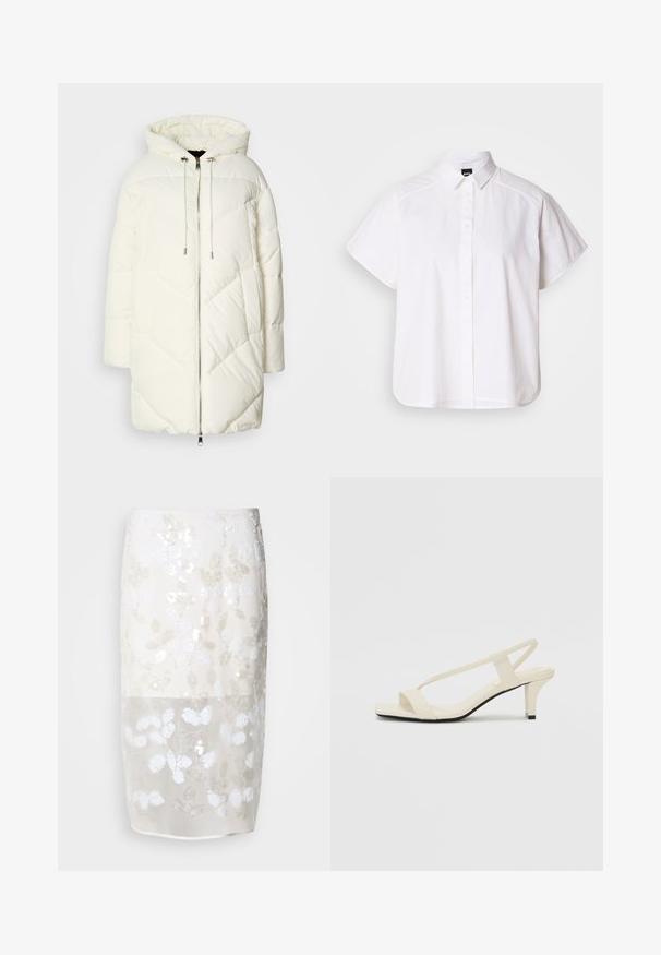 Vit puffjacka med huva, med ett kviltat diamantmönster, dragkedjestängning fram och snoddar. Slät textur och avslappnad passform.; Vit kortärmad skjorta med knappar, spetthals och rundad nederkant. Tillverkad av bomull med en slät textur och inga synliga mönster.; Knee-length kjol i kräm med blommönster i paljetter. Halvgenomskinligt ytterlager, fodrat undertill. Släta ytor med olika vita dekorationer.; Beige blockklackade sandaler med tunna remmar och fyrkantig tå. Slätt material med minimal detaljering, utformade för enkel användning.