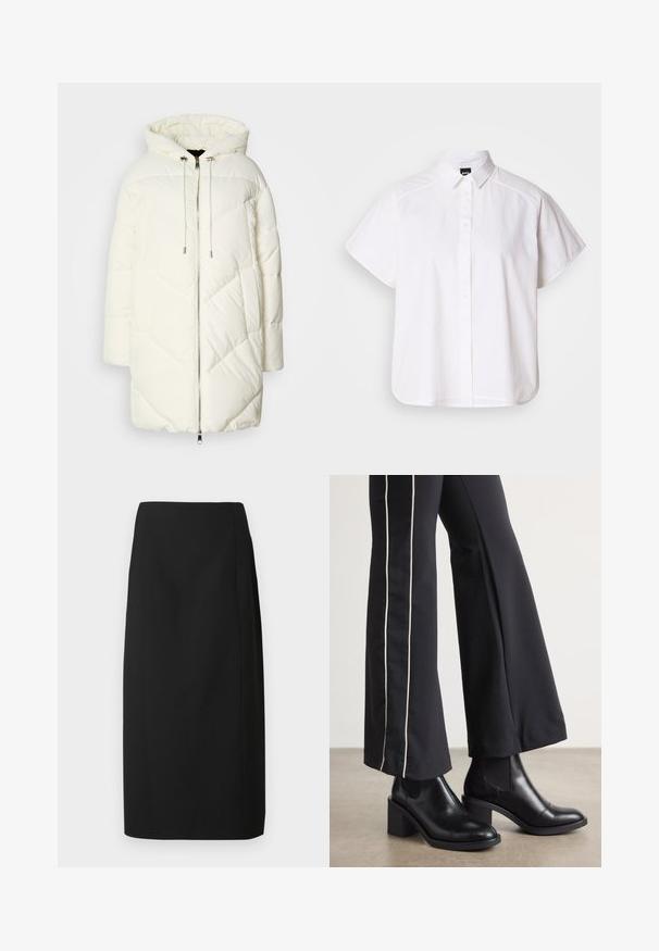 Vit puffjacka med huva, med ett kviltat diamantmönster, dragkedjestängning fram och snoddar. Slät textur och avslappnad passform.; Vit kortärmad skjorta med knappar, spetthals och rundad nederkant. Tillverkad av bomull med en slät textur och inga synliga mönster.; Svart pennkjol i slätt tyg, med rak skärning och rena linjer, utan dekorationer eller mönster.; Svarta läderankelboots med klack, med elastiska sidopaneler. I kombination med svarta byxor som har en vit sidostrip.