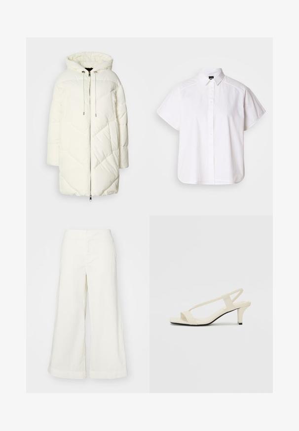 Fehér pufi dzseki kapucnival, steppelt gyémántmintával, elöl cipzárral és húzózsinórokkal. Sima felszín és laza szabás.; Fehér, rövid ujjú, gombos ing, hegyes gallérral és ívelt alsó résszel. Pamutból készült, sima textúrával és látható minták nélkül.; Fehér, bő szárú nadrág, könnyű anyagból készült, magas derékú és varrott részletekkel, laza szabású és tiszta vonalú.; Beige színű, blokksarkú szandálok vékony pántokkal és négyzet alakú orral. Simább anyag, minimális részletezéssel, amely könnyű viselésre lett tervezve.