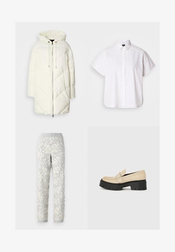Witte pufferjack met capuchon, voorzien van een gewatteerd ruitpatroon, sluiting met een ritssluiting aan de voorkant en koordjes. Glad materiaal en een relaxte pasvorm.; Witte kortemouw overhemd met knopen, voorzien van een puntige kraag en een gebogen zoom. Gemaakt van katoen met een gladde textuur en zonder zichtbare patronen.; Geweven loungebroek in ivoor met grijze patronen, voorzien van een zachte stof, elastische tailleband en geribde manchetten.; Beige leren loafers met een zwarte chunky zool, voorzien van een decoratieve gesp en stikseldetails aan de voorkant. Zijaanzicht.