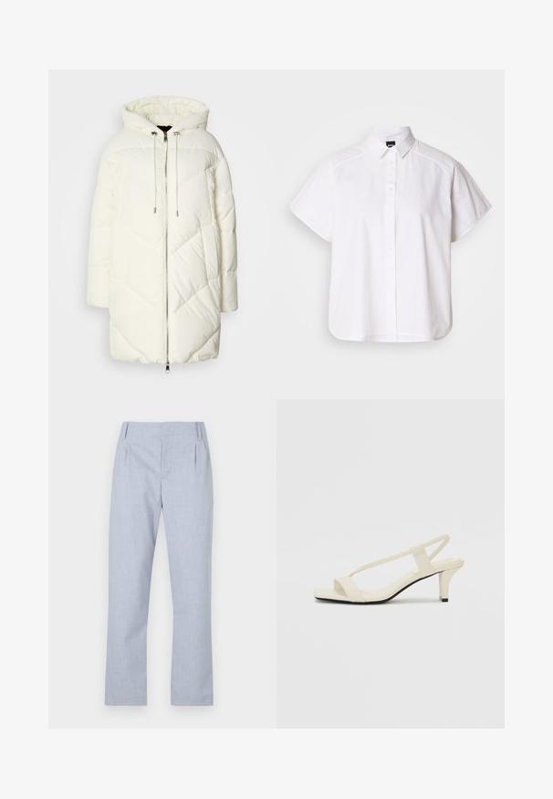 White puffer jacket with a hood, featuring a quilted diamond pattern, front zipper closure, and drawstrings. Smooth texture and relaxed fit.; White short-sleeve button-up shirt with a pointed collar and curved hem. Made from cotton with a smooth texture and no visible patterns.; Light blue tailored trousers with a smooth fabric, straight leg design, and two front pockets. Features subtle pleating at the waist.; Beige block-heeled sandals with thin straps and a square toe. Smooth material with minimal detailing, designed for easy wear.