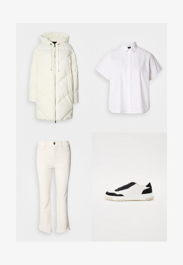 White puffer jacket with a hood, featuring a quilted diamond pattern, front zipper closure, and drawstrings. Smooth texture and relaxed fit.; White short-sleeve button-up shirt with a pointed collar and curved hem. Made from cotton with a smooth texture and no visible patterns.; White, cropped jeans with a flared bottom. Features a button closure, front pockets, and slightly frayed hem detail. Denim fabric.; Sneakers with a white leather upper, black suede accents, and a textured rubber sole. Features a lace-up design and stitched detailing.