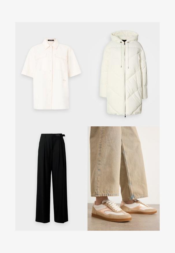 Fehér pufi dzseki kapucnival, steppelt gyémántmintával, elöl cipzárral és húzózsinórokkal. Sima felszín és laza szabás.; Rövid ujjú, krémszínű ing, könnyű szövetből készült, két elülső zsebbel, gombos kialakítással és eltérő varrással.; Fekete, bő szárú nadrág magas derékkal, elöl pliszírozva, és csattal ellátott övvel. Simább, könnyű anyagból készült.; Barna és krémszínű sneakers cipők, bőr és hálós anyagból készült, fűzős záródással és gumitalppal, bézsszínű, bő szárú farmernadrággal párosítva.