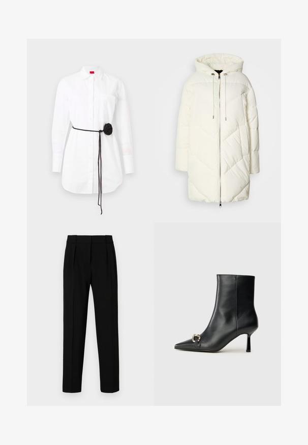 Bílá péřová bunda s kapucí, s prošívaným diamantovým vzorem, předním zipem a stahovacími šňůrkami. Hladká textura a volný střih.; Bílá košile na knoflíky s dlouhými rukávy, náprsní kapsou a černým látkovým páskem se zdobením ve tvaru růžice. Bavlněný materiál s hladkou texturou.; Černé oblekové kalhoty se straight fit střihem, předními záhyby, lesklým materiálem a středním pasem. Bez viditelných kapes nebo kovových detailů.; Černá kožená kotníková bota s špičatou špičkou, úzkým středně vysokým podpatkem a stříbrnou sponou na straně, na jednobarevném pozadí.