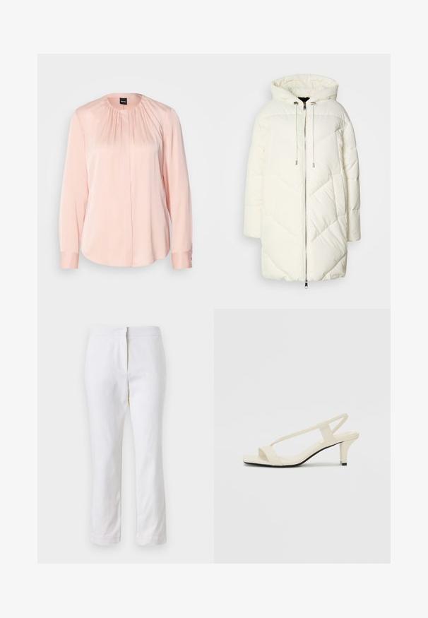 Fehér pufi dzseki kapucnival, steppelt gyémántmintával, elöl cipzárral és húzózsinórokkal. Sima felszín és laza szabás.; Világos rózsaszín blúz, mely redőzött mintával, hosszú ujjakkal, kerek nyakkivágással és gombos mandzsettákkal rendelkezik. Simogatós, puha anyagból készült.; Fehér pamut nadrág egyenes lábformával, közepes derékkal, látható fémrészek vagy minták nélkül. Sima textúra az egész anyagon.; Beige színű, blokksarkú szandálok vékony pántokkal és négyzet alakú orral. Simább anyag, minimális részletezéssel, amely könnyű viselésre lett tervezve.