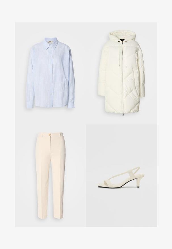Jachetă pufoasă albă cu glugă, având un model cu diamant matlasat, închidere cu fermoar în față și șnururi de ajustare. Textură netedă și croială relaxată.; Cămașă cu dungi albastre deschise, cu guler clasic, mâneci lungi și croială lejeră, având dungi verticale înguste în culori contrastante.; Pantaloni crem, cu talie înaltă, dintr-un material texturat. Au închidere cu nasture în față și picioare conice.; Sandale bej cu toc bloc, cu bretele subțiri și vârf pătrat. Material neted cu detalii minime, concepute pentru a fi ușor de purtat.