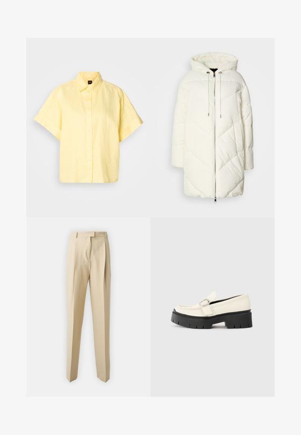 White puffer jacket with a hood, featuring a quilted diamond pattern, front zipper closure, and drawstrings. Smooth texture and relaxed fit.; Short-sleeve button-up shirt in light yellow, made from linen. Features a classic collar and a relaxed fit with rolled sleeves.; Beige tailored trousers with a straight cut, featuring pleats, a waistband, and a smooth texture. No visible pockets or embellishments.; White leather loafer with a chunky black platform sole, featuring a rectangular silver buckle and visible stitching detail on the upper.
