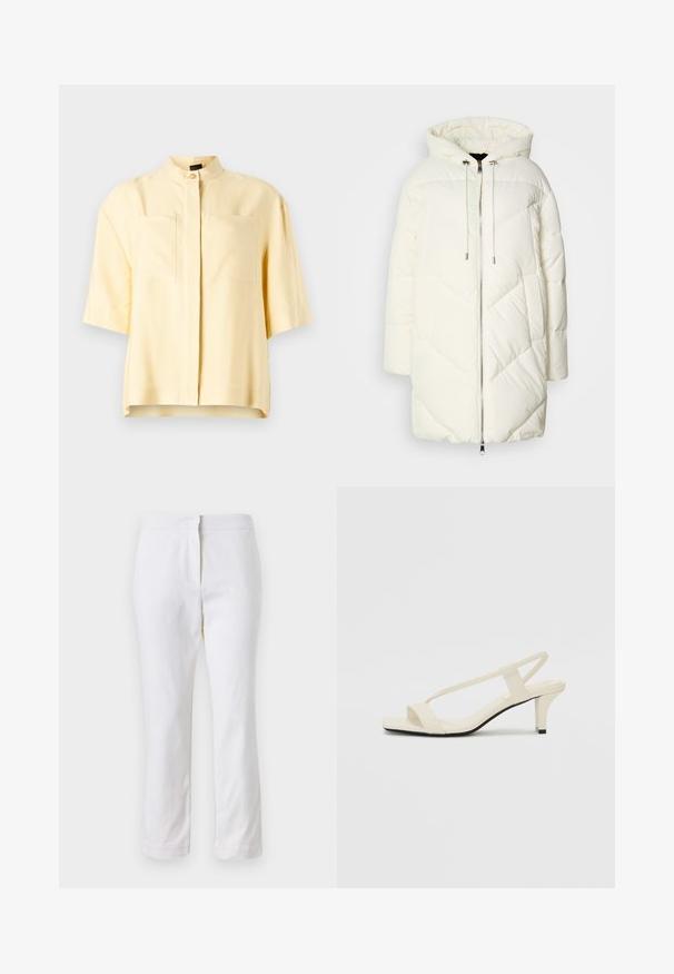Balts pūkains jaka ar kapuci, ar izšūtu dimanta rakstu, priekšējo rāvējslēdzēju un auklām. Gluda tekstūra un brīva piegrieztne.; Īsām piedurknēm dzeltena blūze ar mandarina apkakli, kurai ir divas priekšpuses kabatas un gluda tekstūra. Tīrs, minimāls dizains.; Baltas kokvilnas bikses ar taisnu kāju dizainu, ar vidēju augstumu un bez redzamām detaļām vai rakstiem. Visā virsmā ir gluda tekstūra.; Beige bloku papēžu sandales ar plānām siksnām un kvadrāta formas purngalu. Gluda materiāla virsma ar minimālām detaļām, paredzētas ērtai nēsāšanai.