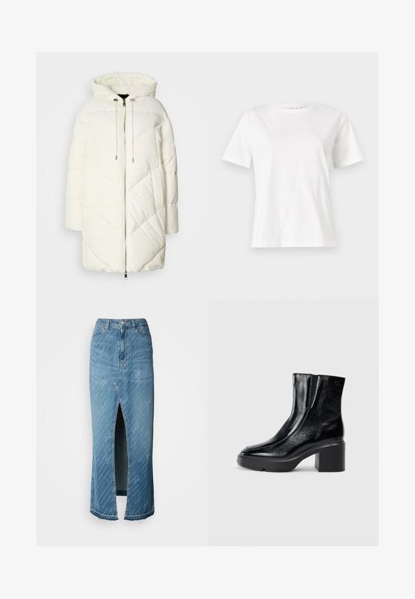 Balts pūkains jaka ar kapuci, ar izšūtu dimanta rakstu, priekšējo rāvējslēdzēju un auklām. Gluda tekstūra un brīva piegrieztne.; Baltas kokvilnas T-krekls ar īsām piedurknēm, apaļu kakla izgriezumu un brīvu piegriezumu. Gluda tekstūra, bez rakstiem vai akcentiem, minimālistisks dizains.; Zila denima midi svārki ar priekšu izgriezumu, izbalējušu tekstūru un baltu rakstu. Iespējama klasiskā vidukļa daļa un saplaisājusi apakšmala.; Melnas lakotas ādas potītes zābaki ar izliekto purngalu, elastīgām sānu paneļiem un masīvu blokveida papēdi. Aizmugurē ir izsistā logo.