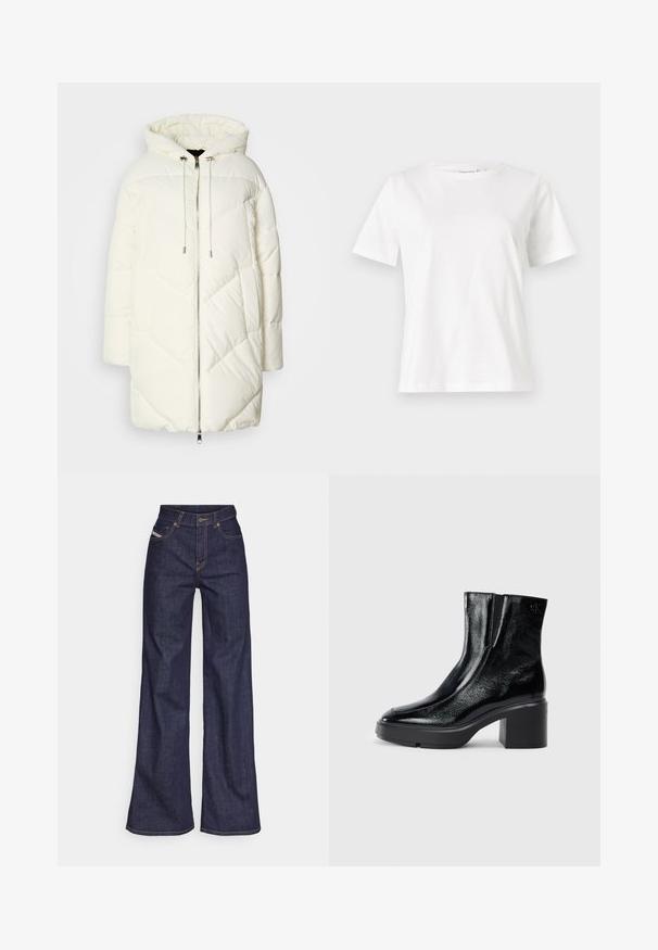 Casaco puffer branco com capuz, apresentando um padrão de diamante acolchoado, fecho frontal com zíper e cordões. Textura suave e ajuste solto.; T-shirt de algodão branco com mangas curtas, decote redondo e um corte descontraído. Textura suave, sem padrões ou detalhes, design minimalista.; Jeans de perna larga azul escuro em tecido de denim com alta cintura, apresentando costura laranja, design de cinco bolsos e fecho de botão.; Botas de tornozelo de verniz preto com ponta curva, painéis laterais elásticos e um salto quadrado robusto. Apresenta um logotipo em relevo na parte de trás.
