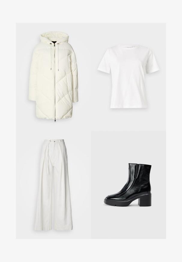 Hvit puffjakke med hette, med et quiltet diamantmønster, frontlukking med glidelås og snorer. Jevn tekstur og avslappet passform.; Hvit bomull t-skjorte med korte ermer, rund hals og avslappet passform. Glatt tekstur, ingen mønstre eller detaljer, minimalistisk design.; Hvite, vide bukser laget av lett stoff. Har beltehemper foran, lang knytbelte og subtile folder for en avslappet passform.; Sorte lakkskinn ankelstøvler med buet tå, elastiske sidestykker og en chunky klossheel. Har preget logo på baksiden.