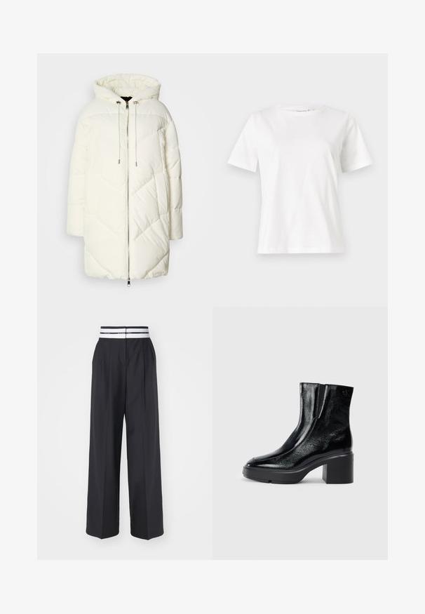 Weißer Pufferjacke mit Kapuze, ausgestattet mit einem gesteppten Rautenmuster, vorderem Reißverschluss und Kordelzügen. Glatte Textur und lockere Passform.; Weißes Baumwoll-T-Shirt mit kurzen Ärmeln, Rundhalsausschnitt und lockerer Passform. Glatte Textur, keine Muster oder Akzente, minimalistisches Design.; Schwarze weit geschnittene Hose mit flachem Bund, zwei Falten und einem elastischen Bund, der ein weiß-schwarz gestreiftes Detail aufweist.; Schwarze Lackleder-Stiefeletten mit einer geschwungenen Zehenpartie, elastischen Seiteneinsätzen und einem klobigen Blockabsatz. Mit geprägtem Logo auf der Rückseite.