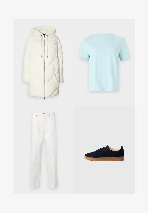 Witte pufferjack met capuchon, voorzien van een gewatteerd ruitpatroon, sluiting met een ritssluiting aan de voorkant en koordjes. Glad materiaal en een relaxte pasvorm.; Lichtblauwe katoenen t-shirt met korte mouwen, een ronde hals en een subtiele geborduurde 'Calvin Klein' logo op de voorkant.; Witte denim broek met een rechte snit, knoopsluiting en twee voorkruiden. Geen zichtbare patronen of versieringen. Vlotte textuur.; Marineblauwe suède sneaker met een buitenzool van gumrubber, blauwe veters en een minimalistisch design. Heeft een geperst logo aan de zijkant en een gladde binnenvoering.