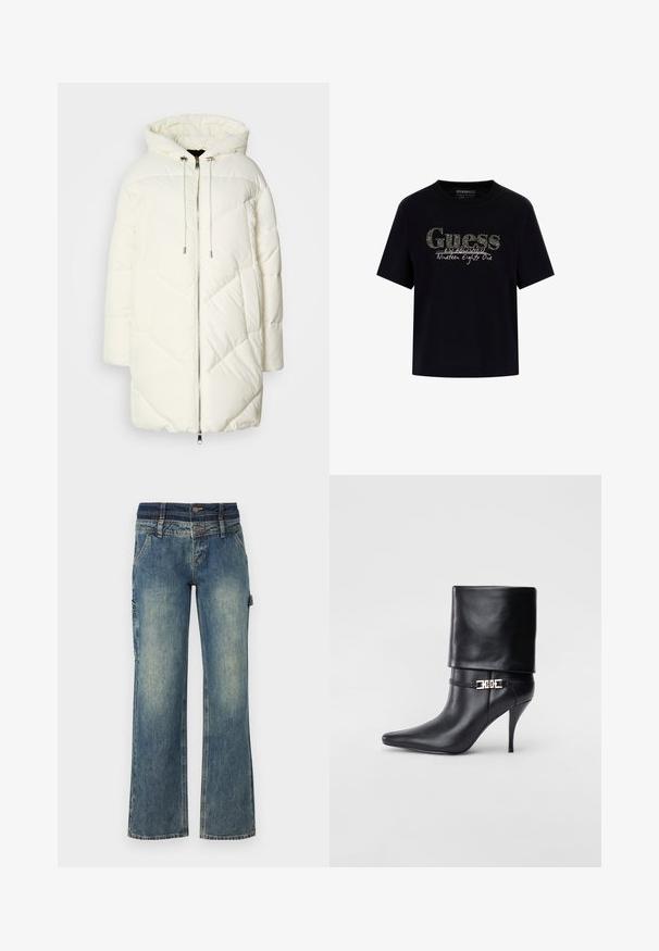 Balts pūkains jaka ar kapuci, ar izšūtu dimanta rakstu, priekšējo rāvējslēdzēju un auklām. Gluda tekstūra un brīva piegrieztne.; Melna kokvilnas T-kreklu ar apaļu kakla izgriezumu un īsām piedurknēm. Satur mirdzošu "Guess" logo un tekstu "Izveidots 1981. gadā".; Zili džinsi ar augstu jostasvietu, platām kājām un vieglu nolietojumu. Aprīkoti ar pogu aizdari un vairākiem kabatām praktiskai lietošanai.; Melnas ādas potīšu zābaki ar smailu purngalu, augstu stiletto papēdi, salocītu aproci un zeltītu dekoratīvu sprādzi uz potītes.