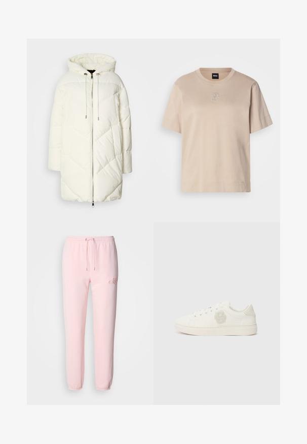 Casaco puffer branco com capuz, apresentando um padrão de diamante acolchoado, fecho frontal com zíper e cordões. Textura suave e ajuste solto.; T-shirt de algodão bege de manga curta com gola redonda e um pequeno logótipo emblema "B" sobreposto, bordado, no centro à frente.; Calças de sweats rosa claro, feitas de um tecido suave, com uma cintura elástica com cordão, punhos afunilados e um discreto detalhe de logótipo bordado.; Sneaker branco com parte superior em couro liso, bico redondo, atacadores planos e um logo texturizado na lateral. Sola de borracha com pisada mínima.