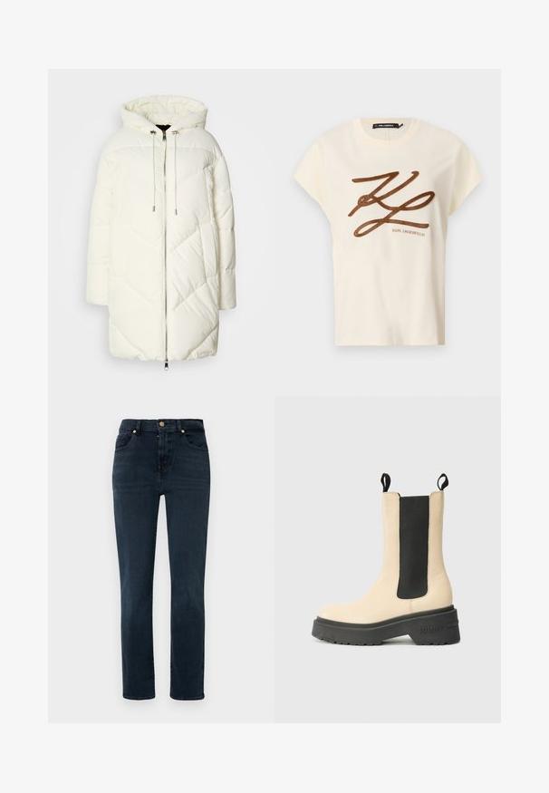 Jachetă pufoasă albă cu glugă, având un model cu diamant matlasat, închidere cu fermoar în față și șnururi de ajustare. Textură netedă și croială relaxată.; Tricou din bumbac de culoare crem, cu mâneci scurte, având un logo brodat din cărbune și un design cu scris pe față.; Jeans din denim închis, cu un design cu picior drept, având o talie înaltă, stil cu cinci buzunare și accesorii în nuanțe de aur. Textură netedă, cu o estompare minimă.; Cizmă până la gleznă bej cu panou lateral elastic negru și talpă din cauciuc, având un logo de marcă proeminent pe toc. Design simplu și modern.