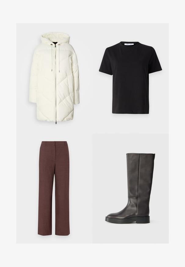 Balta pūkinė striukė su gobtuvu, su siuvinėtu deimantiniu raštu, priekinis užtrauktukas ir virvutės. Lygus paviršius ir laisvas fasonas.; Juodas trumpas rankovės marškinėliai, pagaminti iš minkštos medvilnės, su apvaliu iškirpimu, laisvu pritaikymu ir lygiu paviršiumi. Nėra matomų raštų ar grafikos.; Rudos platesnius kelnes, pagamintos iš tekstūruoto audinio su lygiu paviršiumi, turinčios plokščią priekį, dirželių kilpas ir šonines kišenes.; Juodos odinės iki kelių botai su storu padu ir subtiliu Calvin Klein logotipu viršuje, matomi iš šono.