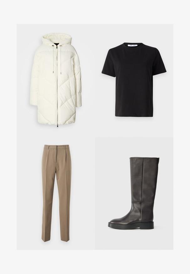 White puffer jacket with a hood, featuring a quilted diamond pattern, front zipper closure, and drawstrings. Smooth texture and relaxed fit.; Black short-sleeve t-shirt made of soft cotton, featuring a round neckline, relaxed fit, and a smooth texture. No visible patterns or graphics.; Brown tailored trousers made of smooth fabric, featuring a straight-leg design, front pleats, and a waistband with belt loops.; Black knee-high leather boot with thick sole and subtle Calvin Klein logo near the top edge, shown from the side.