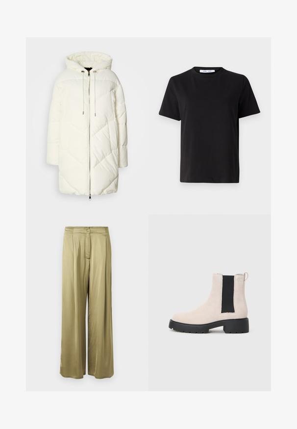 Vit puffjacka med huva, med ett kviltat diamantmönster, dragkedjestängning fram och snoddar. Slät textur och avslappnad passform.; Svart kortärmad t-shirt i mjuk bomull, med rund halsringning, avslappnad passform och en mjuk yta. Inga synliga mönster eller tryck.; Olivgröna, vida byxor i mjukt tyg med knappstängning fram och veckade detaljer i midjan.; Beige mockaskläder Chelsea stövlett med svart elastisk sidopanel, kraftig svart sula och dragflik vid ankeln.
