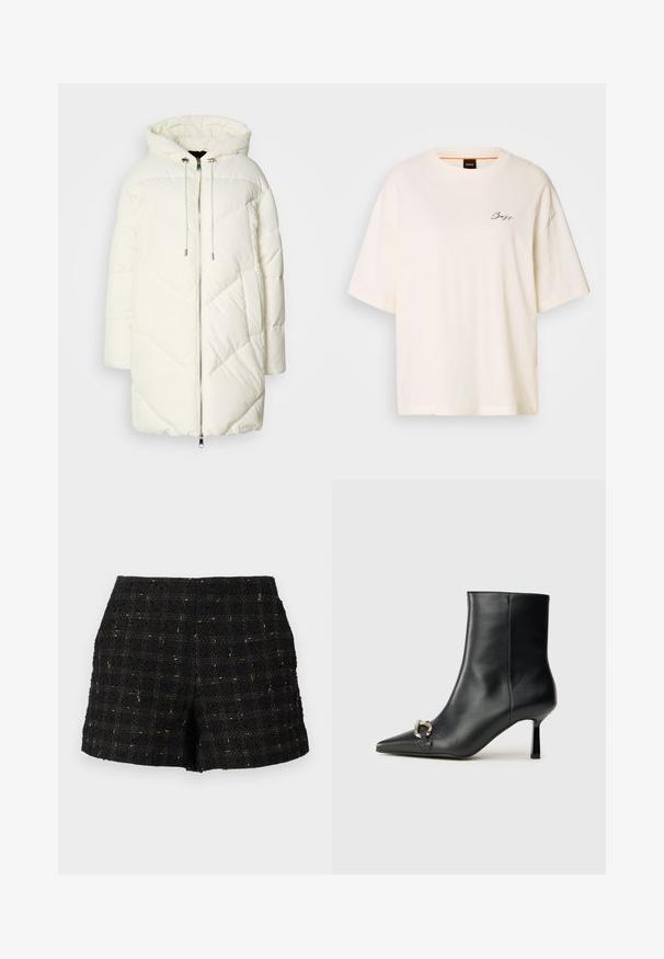 Fehér pufi dzseki kapucnival, steppelt gyémántmintával, elöl cipzárral és húzózsinórokkal. Sima felszín és laza szabás.; Fehér, bő szabású póló puha anyagból, kerek nyakkal és rövid ujjakkal, az elején egy kis fekete "Boss" logóval.; Fekete tweed sort, texturált felülettel, arany szálakból készült rácsmintával, testre szabott fazonban és közép magas derékkal.; Fekete bőr bokacsizma hegyes orral, vékony közép magasságú sarokkal és ezüst csattal az oldalon, sima háttér előtt.
