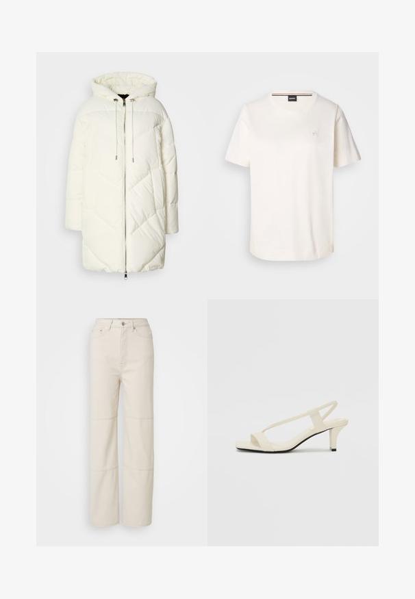 Balts pūkains jaka ar kapuci, ar izšūtu dimanta rakstu, priekšējo rāvējslēdzēju un auklām. Gluda tekstūra un brīva piegrieztne.; Balts kokvilnas T-krekls ar īsām piedurknēm, apaļu kakla izgriezumu un mazu logo uz krūtīm. Gluda tekstūra un taisna apakšmala.; Gai bēša krāsas platā kāju džinsi, izgatavoti no kokvilnas. Ar augstu jostasvietu, priekšējo pogu aizdari un diviem horizontāliem šuvju akcentiem uz kājām.; Beige bloku papēžu sandales ar plānām siksnām un kvadrāta formas purngalu. Gluda materiāla virsma ar minimālām detaļām, paredzētas ērtai nēsāšanai.