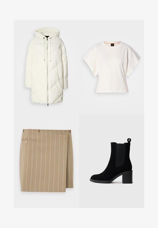 Jachetă pufoasă albă cu glugă, având un model cu diamant matlasat, închidere cu fermoar în față și șnururi de ajustare. Textură netedă și croială relaxată.; Tricou alb scurt, cu mâneci scurte și largi, din bumbac moale, cu decolteu rotund și un finisaj subtil portocaliu, design minimalist, fără modele sau grafice.; Fustă bej cu dungi verticale albe, realizată dintr-un material texturat. Dispune de o clapetă frontală și o buzunare pe spate cu detaliu de nasture.; Botine din suede negru, cu toc masiv, panouri laterale elastice și un tab de prindere. Textură netedă și design cu vârf rotunjit.