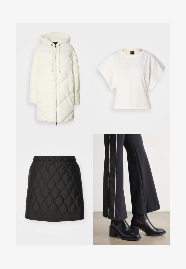 Casaco puffer branco com capuz, apresentando um padrão de diamante acolchoado, fecho frontal com zíper e cordões. Textura suave e ajuste solto.; T-shirt branco cropped, mangas curtas e largas, material de algodão suave, decote redondo com um discreto acabamento laranja, design minimalista, sem padrões ou gráficos.; Saia acolchoada preta com padrão de ondas, faixa elástica na cintura e textura lisa e brilhante. Comprimento até à coxa, sem hardware visível.; Botas de tornozelo em couro preto com um salto bloco, apresentando painéis laterais elásticos. Combinadas com calças pretas que têm uma faixa lateral branca.