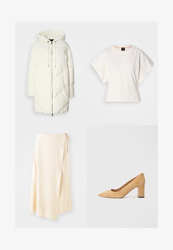 Vit puffjacka med huva, med ett kviltat diamantmönster, dragkedjestängning fram och snoddar. Slät textur och avslappnad passform.; Vit kortärmad T-shirt, korta vida ärmar, mjukt bomullsmaterial, rund halsringning med subtila orange detaljer, minimal design, inga mönster eller grafik.; Krämfärgad, lättvikts omslagskjol i mjukt tyg, med en knytning på sidan och en flödande A-linjeform.; Beige mockasinhög klack med spetsig tå och en kraftig blockklack. Materialet har en mjuk textur med en slät yta.