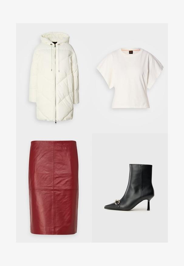 Weißer Pufferjacke mit Kapuze, ausgestattet mit einem gesteppten Rautenmuster, vorderem Reißverschluss und Kordelzügen. Glatte Textur und lockere Passform.; Weißes, kurzes T-Shirt, kurze weite Ärmel, weicher Baumwollstoff, runder Ausschnitt mit subtilen orangefarbenen Akzenten, minimales Design, keine Muster oder Grafiken.; 2nd Day JAYAN - Lederrock - biking red; Schwarze Leder-Stiefelette mit spitzer Zehe, schlankem, mittelhohem Absatz und silberner Schnalle seitlich vor einem schlichten Hintergrund.