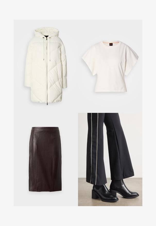 White puffer jacket with a hood, featuring a quilted diamond pattern, front zipper closure, and drawstrings. Smooth texture and relaxed fit.; White cropped T-shirt, short wide sleeves, soft cotton material, round neckline with subtle orange trim, minimal design, no patterns or graphics.; Brown leather pencil skirt with a smooth texture, featuring a high waist, two front pockets, and a knee-length cut.; Black leather ankle boots with a block heel, featuring elastic side panels. Paired with black pants that have a white side stripe.