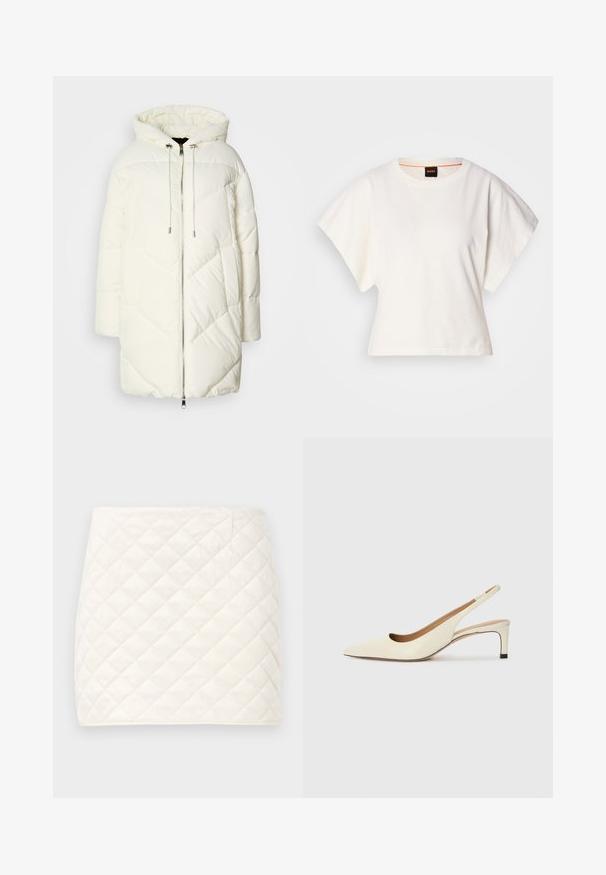 Weißer Pufferjacke mit Kapuze, ausgestattet mit einem gesteppten Rautenmuster, vorderem Reißverschluss und Kordelzügen. Glatte Textur und lockere Passform.; Weißes, kurzes T-Shirt, kurze weite Ärmel, weicher Baumwollstoff, runder Ausschnitt mit subtilen orangefarbenen Akzenten, minimales Design, keine Muster oder Grafiken.; Quilted Minirock aus weichem weißen Stoff, mit einem Rautenmuster und klaren Linien, mit einer glatten Textur und ohne sichtbare Verschlüsse.; Spitz zulaufender Slingback-Schuh aus cremefarbenem Leder, ausgestattet mit einem niedrigen Absatz und einem ausgeschnittenen Design mit glatter Textur und minimalen Akzenten.