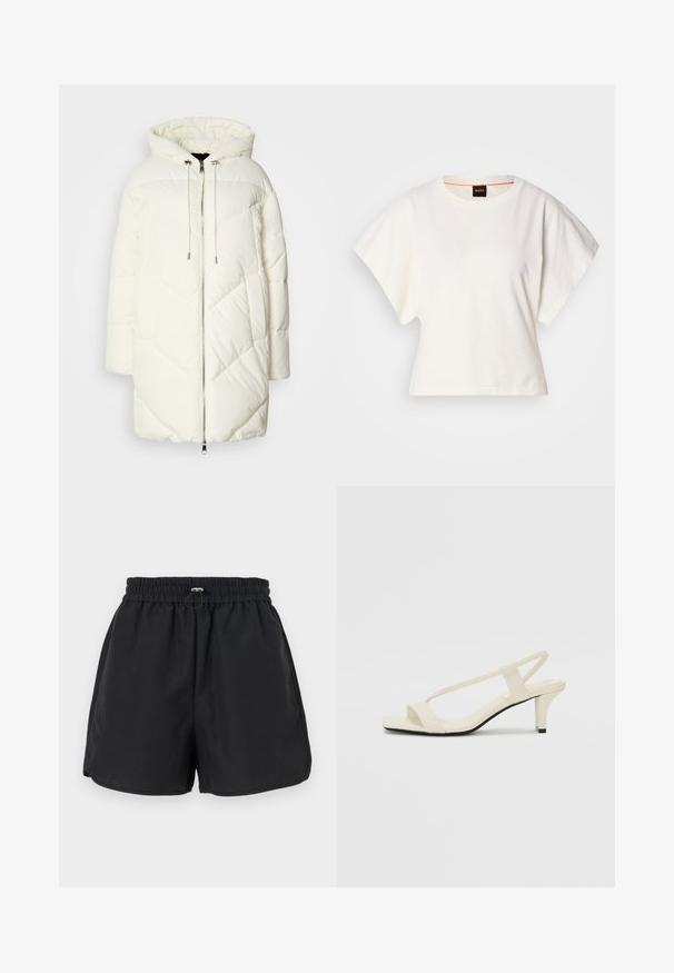 Doudoune blanche avec capuche, présentant un motif losange matelassé, fermeture éclair à l'avant et cordons de serrage. Texture lisse et coupe décontractée.; T-shirt blanc cintré, manches courtes et larges, en coton doux, décolleté rond avec une discrète bordure orange, design minimaliste, sans motifs ni graphiques.; Shorts noirs avec une taille élastique, détail de cordon de serrage et fentes sur les côtés. Fabriqués en tissu léger, offrant une coupe décontractée.; Sandales beiges à talons carrés avec des fines brides et un bout carré. Matière lisse avec des détails minimaux, conçues pour un port facile.