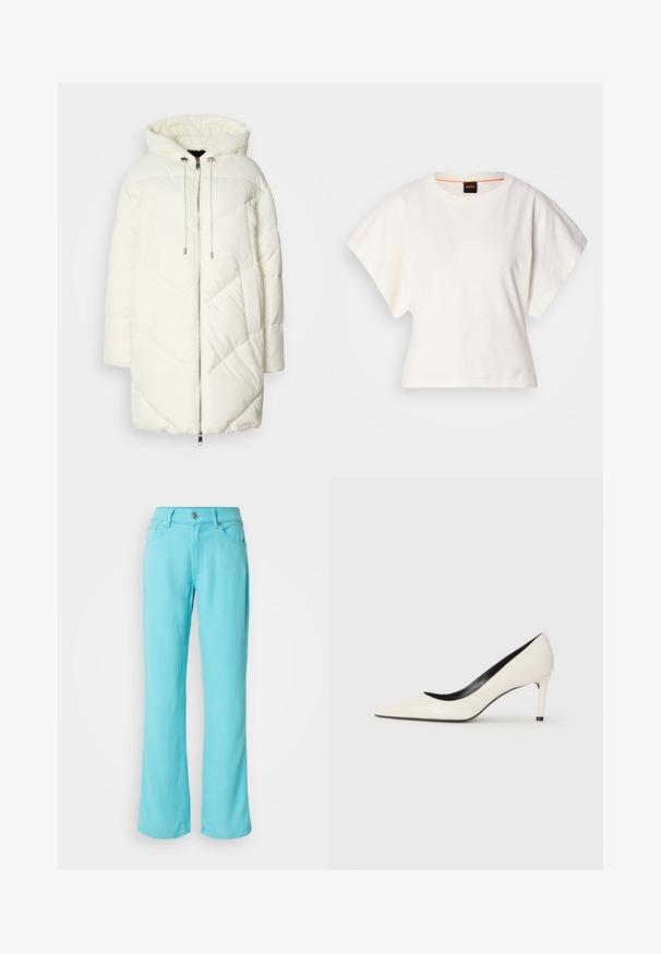 Bijela puffer jakna s kapuljačom, s prepoznatljivim romboidnim uzorkom, zatvaranjem na prednjem dijelu pomoću patent zatvarača i užadi. Glatka tekstura i opušteni kroj.; Bijeli skraćeni T-shirt, široke kratke rukave, mekani pamučni materijal, okrugli izrez s suptilnim narančastim detaljem, minimalistički dizajn, bez uzoraka ili grafika.; Svijetloplave široke traperice. Imaju zatvaranje na dugme i munju, pet džepova i šivane detalje na rubu.; Bijele lakirane visoke potpetice sa šiljastim prstima, tankim potpeticama i crnim unutarnjim detaljima. Glatka tekstura i elegantan dizajn.