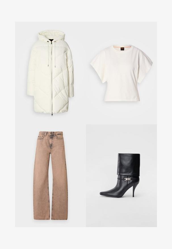 Bela puhvasta jakna s kapuco, z ugradenim romboidnim vzorcem, z zadrgo spredaj in vrvicama. Gladka tekstura in sproščen kroj.; Bela skrajšana majica s kratkimi širokimi rokavi, mehka bombažna tkanina, okrogla ovratnica z diskretnim oranžnim robom, minimalističen dizajn, brez vzorcev ali grafike.; Svetlo rjave široke traper hlače iz denima, z klasičnim pasom, zasnovo s petimi žepi in zbledelo teksturo.; Črne usnjene gležnjarje z ostrim nosom, visokim stiletto peto, zavihanim robom in zlatim okrasnim zaponko na gležnju.